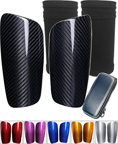 Carbon Fiber Soccer Shin Guards, with Portable Carrying Case, Super Strong, Ultra Light, Shock Resistance, Air Permeability, Suitable for Adult, Youth, Kid, Effective Protection - color: black+sleeves, size: Large