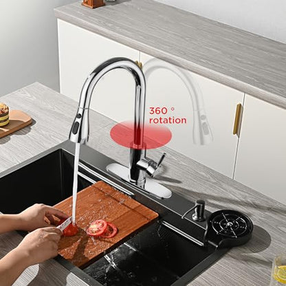 Kitchen Faucet with Pull Down Sprayer，Stainless Steel Single Handle Kitchen Faucet，1/3 Hole, Deck Plate Included，Suitable for farmhouses, Campers, Laundry Rooms, RVs, and Bars (Chrome)