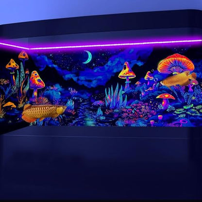 48X20IN Waterfall Fantasy Landscape Mountain Black Light Aquarium Background, UV Fish Tank Background Planet Terrarium Background with 10 EVA Double-Sided Tape - size: 48X20in/120X50cm