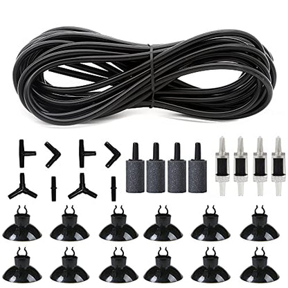 25 Feet 3/16 Inch Standard Aquarium Silicone Airline Tubing with Air Stones, Check Valves, Suction Cups and Connectors for Fish Tank, Hydroponics (Black) - color: Black