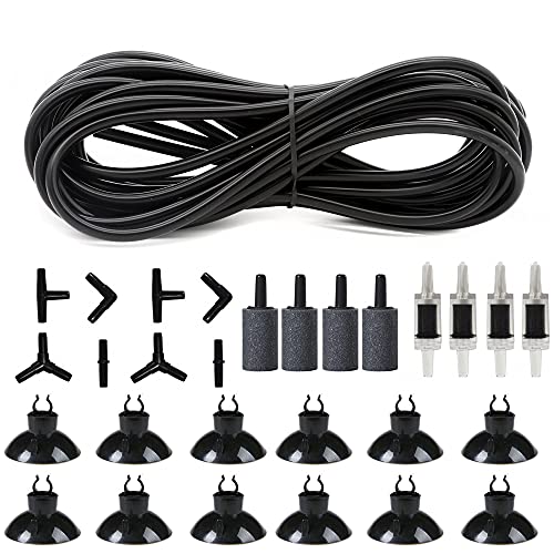 25 Feet 3/16 Inch Standard Aquarium Silicone Airline Tubing with Air Stones, Check Valves, Suction Cups and Connectors for Fish Tank, Hydroponics (Black) - color: Black