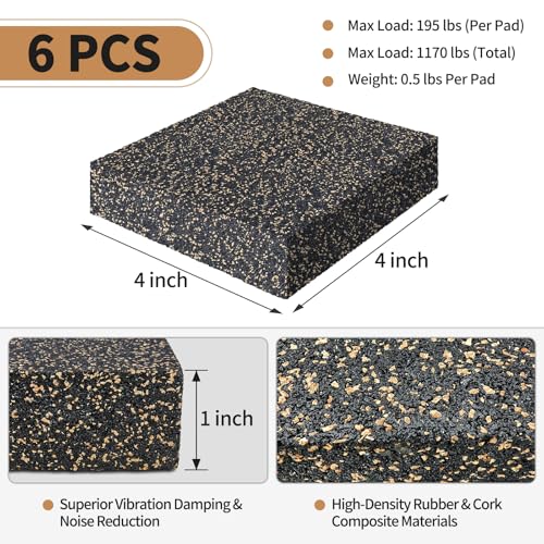 Thick Rubber-Cork Anti Vibration Pads, 4 x 4 x 1 Inches 6 Pcs Cuttable Sound Isolation Mats, Non Slip Dampening Blocks, Shock Absorbing Padding Feet for Air Compressor Washing Machine Treadmill - size: 4"x4"x1", 6pcs