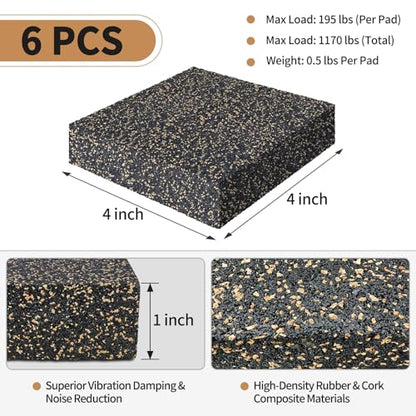 Thick Rubber-Cork Anti Vibration Pads, 4 x 4 x 1 Inches 6 Pcs Cuttable Sound Isolation Mats, Non Slip Dampening Blocks, Shock Absorbing Padding Feet for Air Compressor Washing Machine Treadmill - size: 4"x4"x1", 6pcs