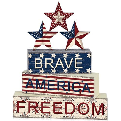 6 Pieces 4th of July Table Decorations Patriotic Wooden Block Signs Patriotic Centerpieces Freedom Brave Red White Blue Tiered Tray Decor for Home 250th Anniversary - style: Star