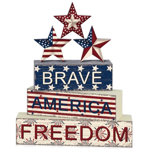 6 Pieces 4th of July Table Decorations Patriotic Wooden Block Signs Patriotic Centerpieces Freedom Brave Red White Blue Tiered Tray Decor for Home 250th Anniversary - style: Star
