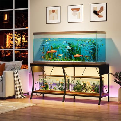 55-90 Gallon Fish Tank Stand, Metal Aquarium Stand, Power Outlets - color: Brown and Black
