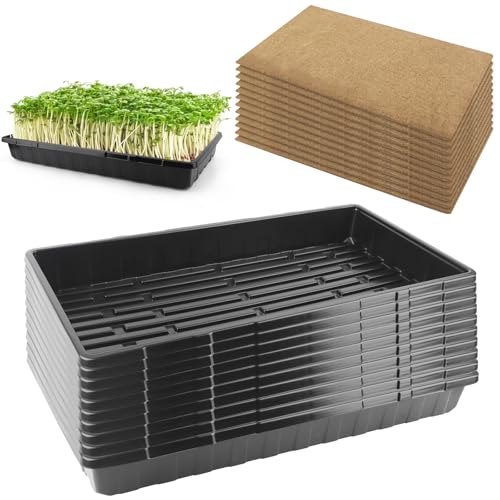 10 Pack 1020 Seed Starting Trays with 12 Hemp Grow Mats - Extra Thick Microgreens Growing Kit, 21 x 11 x 2.5 Inch Plant Trays with Hydroponic Grow Pads for Wheatgrass, Sprouts, Organic Gardening - size: 20in-10P with 12 Mats