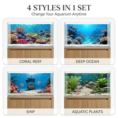 4 Pack Aquarium Background, 36x18 Inch Polyester Cloth Decor for Fish Tank, Set of Undersea Coral Rock & Plant Décor Backgrounds, Aquatic Themed Decorations