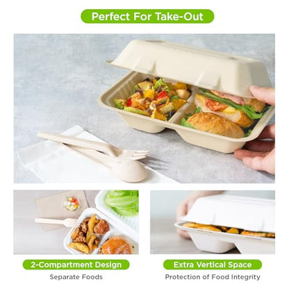 KARAT EARTH Clamshell Take Out Food Containers [9"x6", 200 ct ] 2 Compartments | Compostable To Go Containers, Natural Biodegradable Bagasse