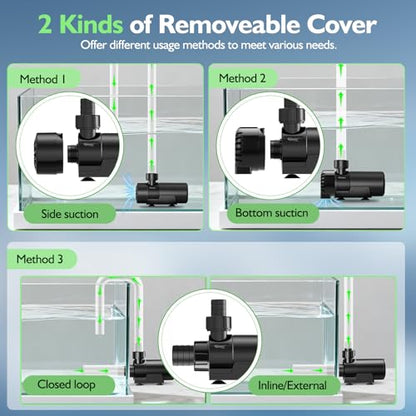 hygger 15W-100W Water Pump with Controller (Up to 3430GPH), Submersible/Inline Return Pump with Adjustable Mode/Flow, 2 Fountain Pump with 2 Inlet Cover and 3 Nozzles, for Fish Tank, Pond, Aquarium