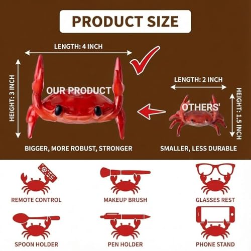 Gesodant Cute Red Crab Pen Holder & Eyeglass Stand, Funny Phone & Remote Holder for Desk, Creative Coffee Spoon Rest, Unique White Elephant Gift