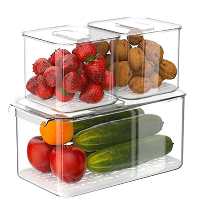 Fridge Produce Saver Food Storage Bin Containers, Stackable Refrigerator Freezer Organizer Fresh Keeper Container with Vented Lids, 3 Pack