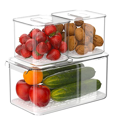 Fridge Produce Saver Food Storage Bin Containers, Stackable Refrigerator Freezer Organizer Fresh Keeper Container with Vented Lids, 3 Pack