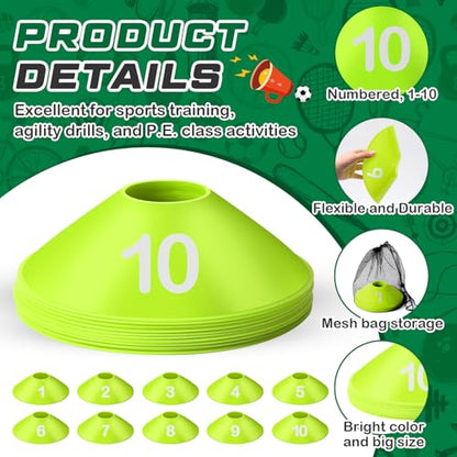 10 Pcs Numbered Sports Disc Cone with Mesh Carry Bag - color: Green
