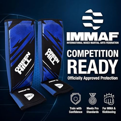 Green Hill IMMAF Shin Guards for MMA, Muay Thai & Kickboxing - color: Black/Blue, size: Large