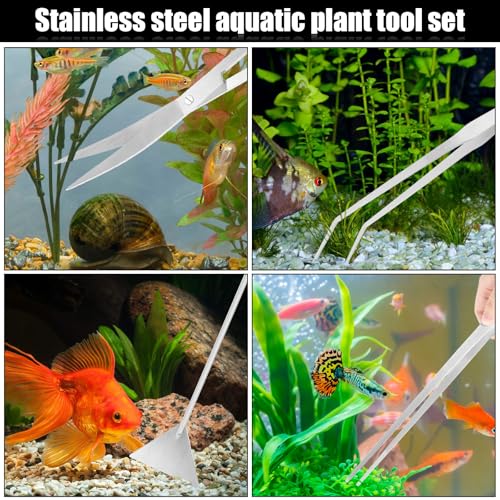 Aquarium Aquascaping Tool Stainless Steel Aquascape Tools Kit 4 in 1 Anti-Rust Fish Tank Starter Kit with Tweezers Scissors Spatula for Aquarium Plants (Silver) - color: Silver