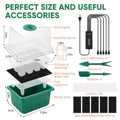 Self-Watering Seed Starter Tray Kit with Grow Light and Humidity Dome,3 Color Growing Light,5-Pack 60-Cell Plant Seedling Tray,Reusable Plastic Germination Trays,Timed Light Plant Starter Set