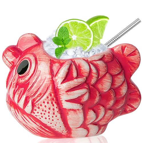 Tiki Mug Glasses Fish Cocktail Cup 1pcs 22oz/650ml Creative Red Tiki Mugs Bar Large Ceramic Hawaiian Themed Tropical Barware for Party Barware