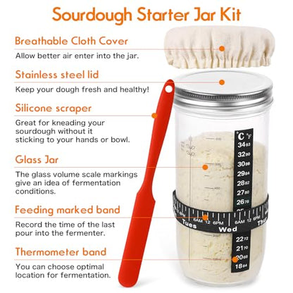 Sourdough Starter Jar Kit，Sourdough Bread Making tools Supplies,33oz Glass Jar with Date Marked Feeding Band, Precision Thermometer, Durable Cloth Cover & Secure Metal Lid forBread Making