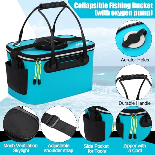 2 Pcs Fishing Bucket and Live Bait Aerator, Foldable Multi Functional Live Bucket Portable Quiet Aerator Outdoor Camping Fishing EVA Bag