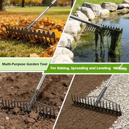 77-Inch Bow Rake, Heavy Duty Metal Garden Rake with 17 Tines & Adjustable Handle – Landscape Rake for Moving Gravel,Loosening Soil,Leveling Ground,Gathering Leaves,Spreading Mulch–Lawn Yard Farm Tool