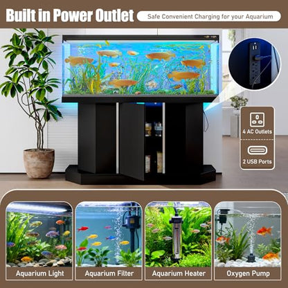 Modern 55–75 Gallon Fish Tank Stand with Power Outlet – Heavy-Duty Aquarium Stand with Cabinet Storage, 4 AC & 2 USB Ports, Reptile Terrarium or Turtle Tank, 880 lbs Capacity,Black