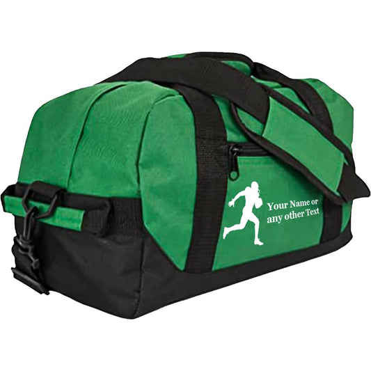 Personalized Passion 14” Small Sports Duffel Bags for Kids - Waterproof Travel Duffle with Name & Football Design - Dark Green Two-Toned Kids Weekender Bag for Boys and Girls - color: Dark Green, style: Football