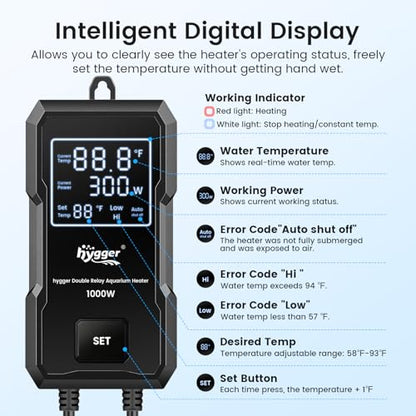 hygger 500W Aquarium Heater, Upgraded Submersible Fish Tank Heater with Dual Protection System & LED Digital Display, with Automatic Power-Off Function, for 66-135 Gal Freshwater and Saltwater Tank - size: 500W for 65-135 Gallon