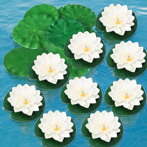 24 Pcs Artificial Foam Lotus Floating Flowers with Water Lily Pad 9 Lotus Flowers 15 Fake Lily Pads for Home Garden Pond Decor Pools Water Decorations(White) - color: White