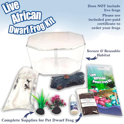 African Dwarf Frog Starter Kit- Includes Certificate for 2 Live Frogs -Small Aquarium, Food, Instructions