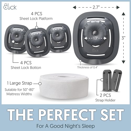 Click Bed Sheet Holder - No Lift Mattress Sheet Clips & Strap for Queen King Size Beds, Sheet Keepers to Keep Sheets on Bed, Heavy Duty Bedsheet Lock Fasteners to Hold Sheets in Place Firm & Tight - color: Gray, size: Standard Beds - Twin XL to Cal-King