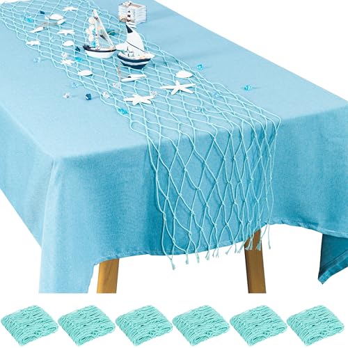 6 Pcs Fish Net Party Decorations Fishing Net Table Runner Decorative Nautical Cotton Fishnet for Pirate Mermaid Hawaiian Ocean Beach Under the Sea Themed Party Decor (Blue) - color: Blue