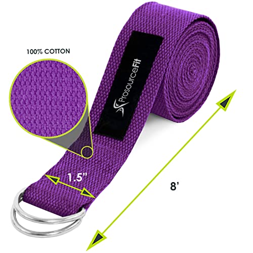 ProsourceFit Metal D-Ring Yoga Strap 8’ Durable Cotton for Stretching and Flexibility - color: Purple