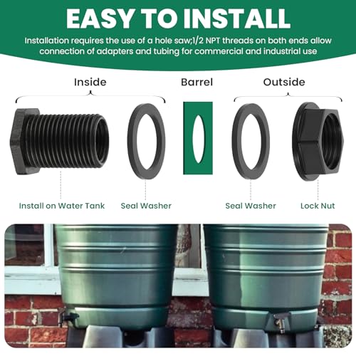 12 Pack Bulkhead Fitting, Double Threaded 3/4" Male GHT x 1/2" Female NPT, Water Tank Connector for Rain Barrels, Ponds, Aquariums, Tubs and Pools