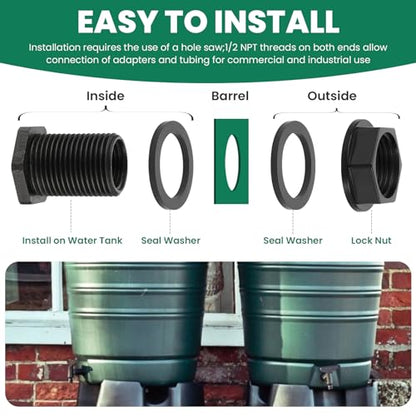 12 Pack Bulkhead Fitting, Double Threaded 3/4" Male GHT x 1/2" Female NPT, Water Tank Connector for Rain Barrels, Ponds, Aquariums, Tubs and Pools