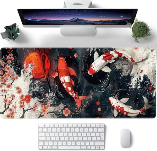 Koi Fish Large Mouse Pad,Gaming Keyboard Desk Pad,Extended Mouse Mat Non-Slip Rubber Base with Stitched Edges for Office Game Home XXL 35.4"x15.7" - color: Koi Fish, size: 35.4L x 15.7W inches