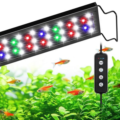 AQQA Full Spectrum Aquarium Light,Fish Tank Lights for Plant Growth Fish Viewing,3 Mode White Blue Red Green LED Beads,Timer,Adjustable Brightness,Extendable Brackets for Freshwater 18W for 18-24inch