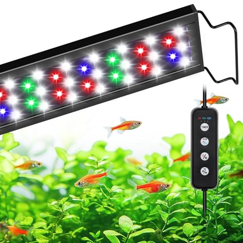 AQQA Full Spectrum Aquarium Light,Fish Tank Lights for Plant Growth Fish Viewing,3 Mode White Blue Red Green LED Beads,Timer,Adjustable Brightness,Extendable Brackets for Freshwater 18W for 18-24inch