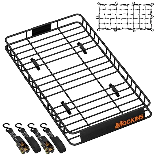 Mockins 50"x36"x4.5" Extendable Car & SUV Rooftop Cargo Carrier 250Lbs Cap | Heavy Duty Roof Rack Basket | Car Topper Luggage Carrier Waterproof & All-Weather Steel Set with Ratchet Straps & Cargo Net - size: Basket: 50"x36"x4.5"