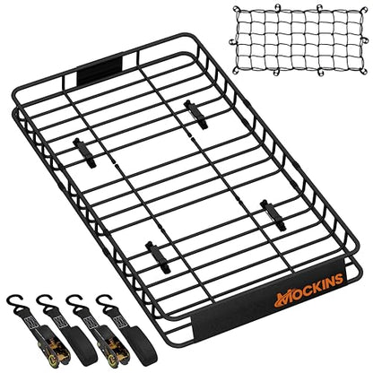 Mockins 50"x36"x4.5" Extendable Car & SUV Rooftop Cargo Carrier 250Lbs Cap | Heavy Duty Roof Rack Basket | Car Topper Luggage Carrier Waterproof & All-Weather Steel Set with Ratchet Straps & Cargo Net - size: Basket: 50"x36"x4.5"