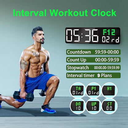 LUCORB Gym Clock with Seconds, 12" Digital Wall Clock for Home Gym - Remote Control Workout Clock with HIIT Countdown, Voice Prompt 5 Display Modes 4 Training Alarms for Garage Classroom Office