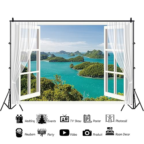 7x5ft Window Scenery Backdrop Summer Ocean View Natural Scenery Photography Background Holiday Living Room Bedroom Party Decor Photo Booth Props - size: 7x5ft