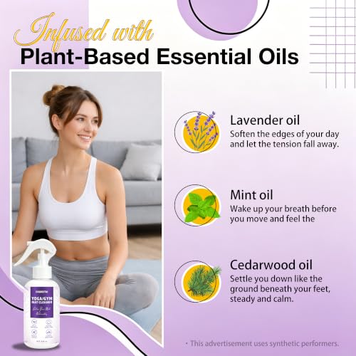 Yoga Mat Cleaner Spray - Powered By Essential Oil, Removes Sweat & Odor | Natural Plant Based | No Sticky Residue | Safe for All Mats(Yoga & Pilates)–Microfiber Towel Included (8.45oz, Lavender) - size: 8.45 Fl Oz (Pack of 1)