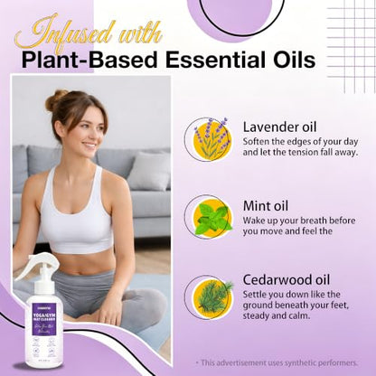 Yoga Mat Cleaner Spray - Powered By Essential Oil, Removes Sweat & Odor | Natural Plant Based | No Sticky Residue | Safe for All Mats(Yoga & Pilates)–Microfiber Towel Included (8.45oz, Lavender) - size: 8.45 Fl Oz (Pack of 1)