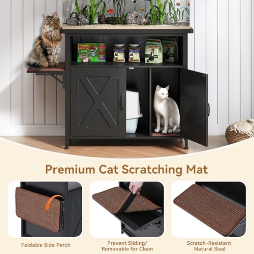 40-50 Gallon Fish Tank Stand with Hidden Cat Litter Box Enclosure Furniture, Cat Viewing Aquarium Stand with Storage Shelf & Side Cat Perch, 36.2"x20.5" Tabletop, 660 LBS Capacity - color: Black