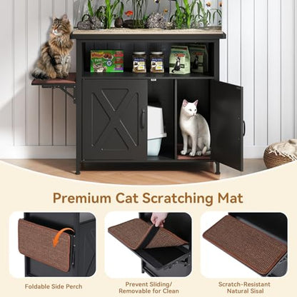 40-50 Gallon Fish Tank Stand with Hidden Cat Litter Box Enclosure Furniture, Cat Viewing Aquarium Stand with Storage Shelf & Side Cat Perch, 36.2"x20.5" Tabletop, 660 LBS Capacity - color: Black