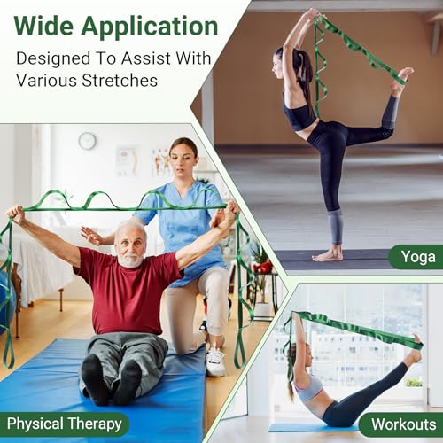 Stretch Strap With Loops For Physical Therapy And Yoga, 8 ft Long | Non-elastic Leg Straps For Knee Rehab, Yoga Straps For Stretching With Loops, 8 ft Long x 1.2 inch Wide