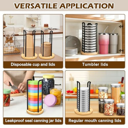 2PC Tumbler Lid Organizer, Detachable Yeti Lid Organizer Holds Up To 22 Lids, Suitable for Simple Modern Tumbler/Yeti Tumbler/Mason Jar Lids，Fit Perfectly, Stackable Steady，Bamboo Base
