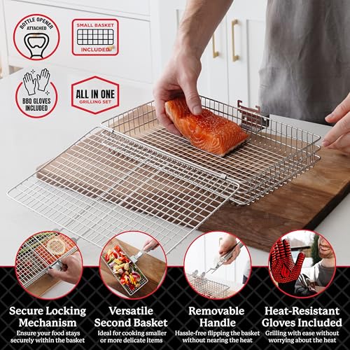 AVIEUS GRILL Grill Baskets for Outdoor Grill | 2 Grilling Baskets with Detachable Handle | Barbecue Grill Set with BBQ Gloves | Portable Camping Net Rack Perfect for Vegetables, Seafood & Meat