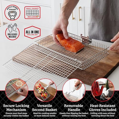 AVIEUS GRILL Grill Baskets for Outdoor Grill | 2 Grilling Baskets with Detachable Handle | Barbecue Grill Set with BBQ Gloves | Portable Camping Net Rack Perfect for Vegetables, Seafood & Meat